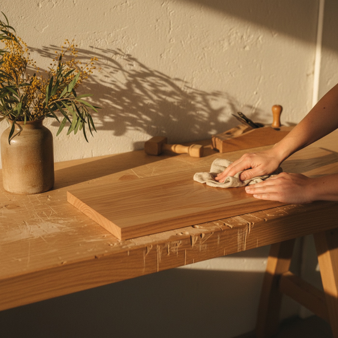 Hands oiling a timber board on an oak bench in low afternoon light